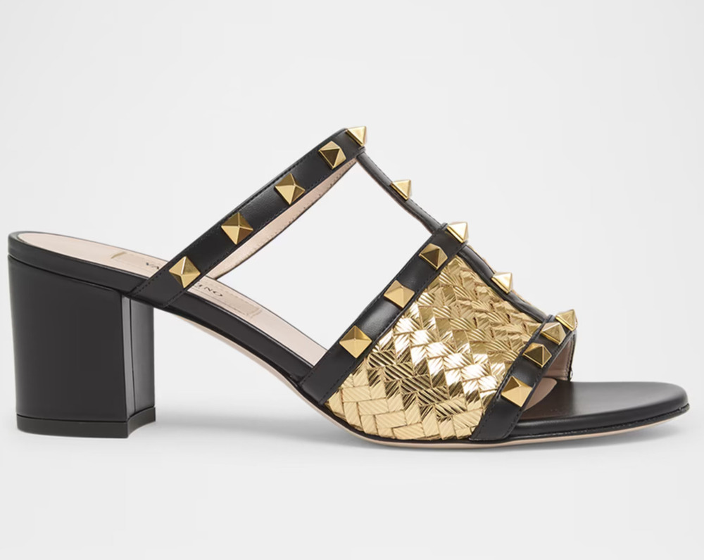Valentino Rockstud City Slide 60mm Mule Black Gold Caged Sandal Block Heel 40